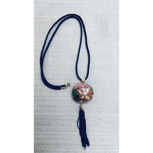 Vintage Cloisonné Pendant Necklace 1.75" w/ Tassel on 30" Navy Cord Boho - Picture 1 of 8
